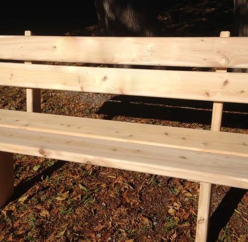 A wooden bench with double slats on the back and seating area that visitors can have built in memory of a loved one.